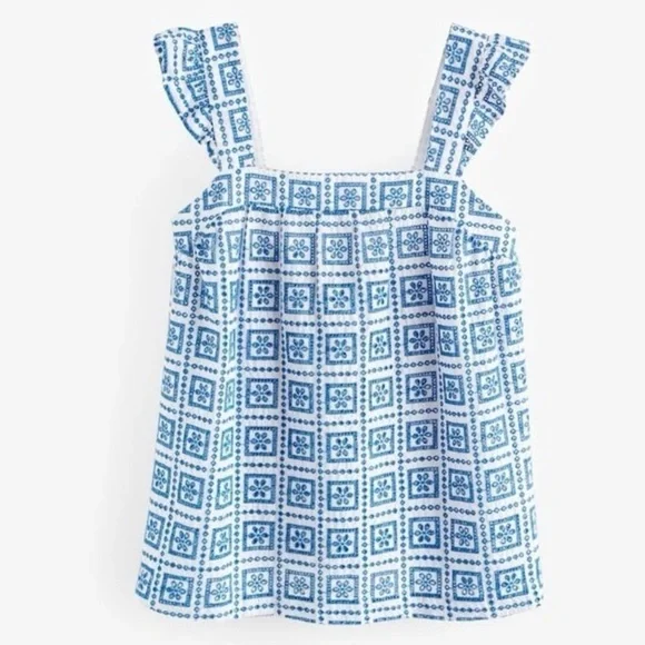 Next Embroidered Eyelet Blue White Ruffled Tank Top - Picture 1 of 12